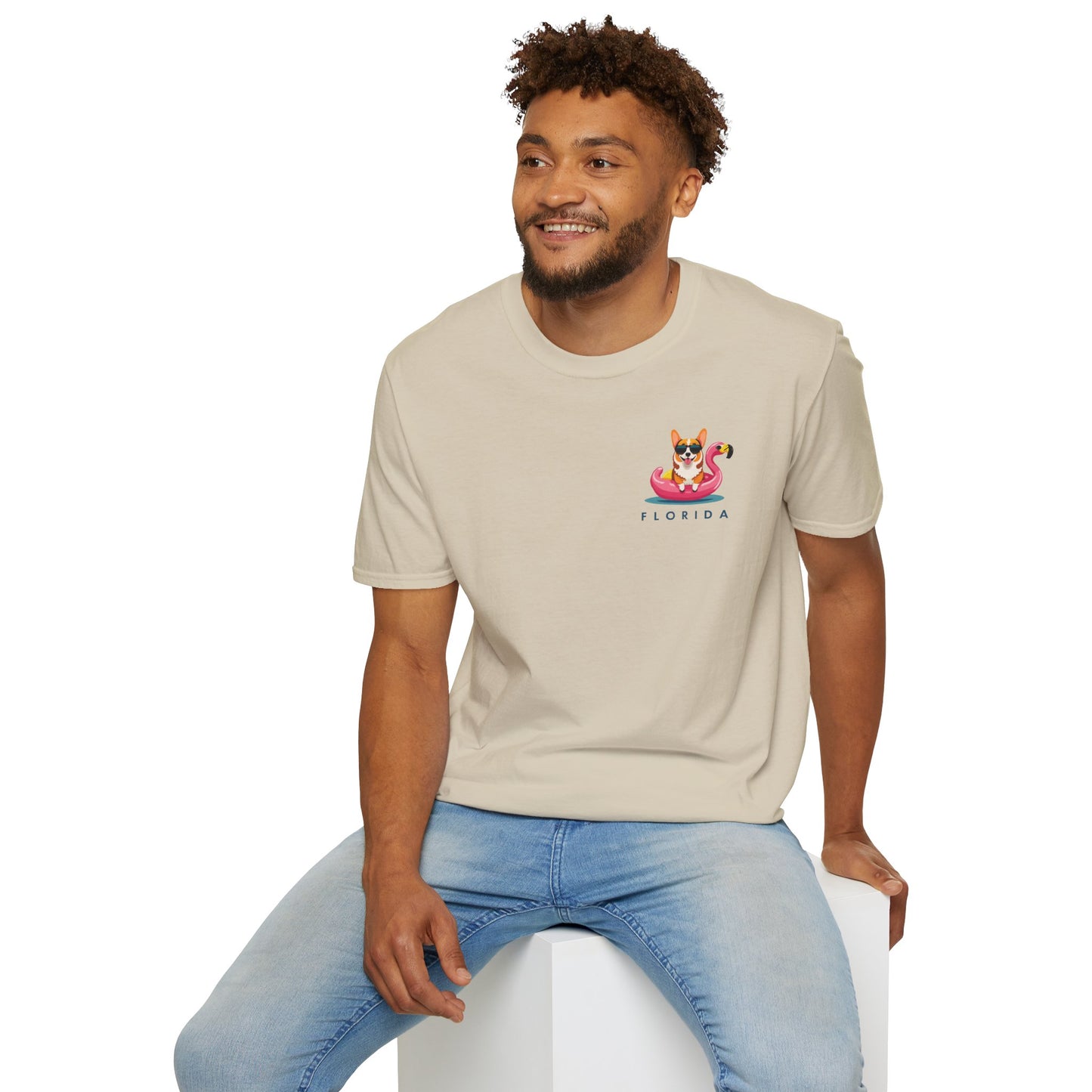 Corgi on Flamingo Floatie T-Shirt